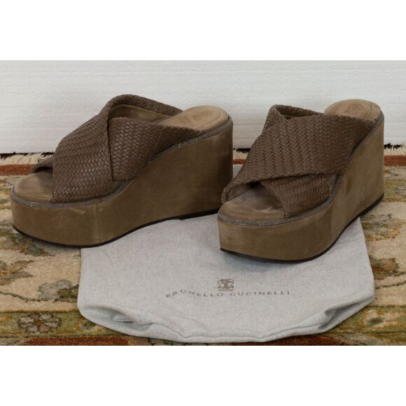$1550 BRUNELLO CUCINELLI WOVEN LEATHER BROWN PLATFORM SANDALS WITH MONILI 37 - Picture 4 of 10